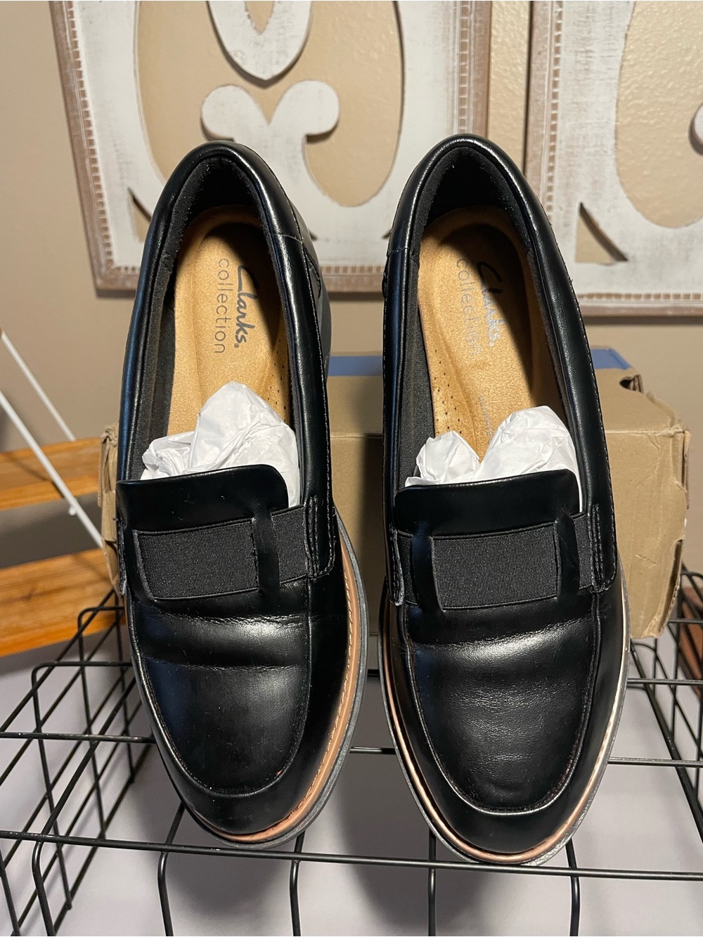 Clarks Black Leather Platform Slip-On Loafers - Picture 2 of 5